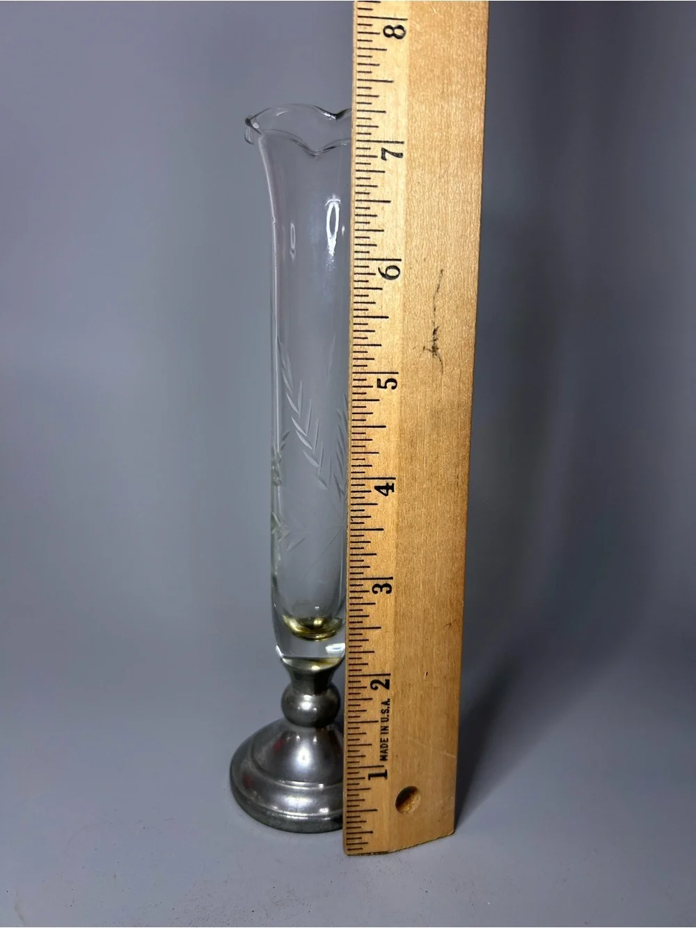 Vintage Web Pewter & Glass Flower Bud Vase Etched Wheat Ruffled Country‎ Cottage
